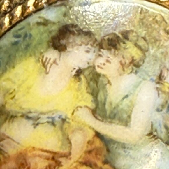 Vintage Victorian-Style Hand-Painted Porcelain Brooch With Gilded Filigree Frame - Picture 16 of 16